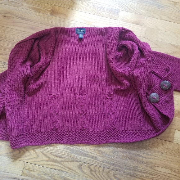 Pure Handknit Big Button M/L Bead Vneck Dark Fuscia Cotton Knit Cardigan Sweater - Picture 8 of 11